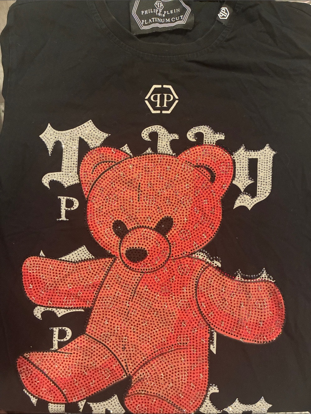 Philipp Plein Black Tee with Red Crystal Teddy Graphic